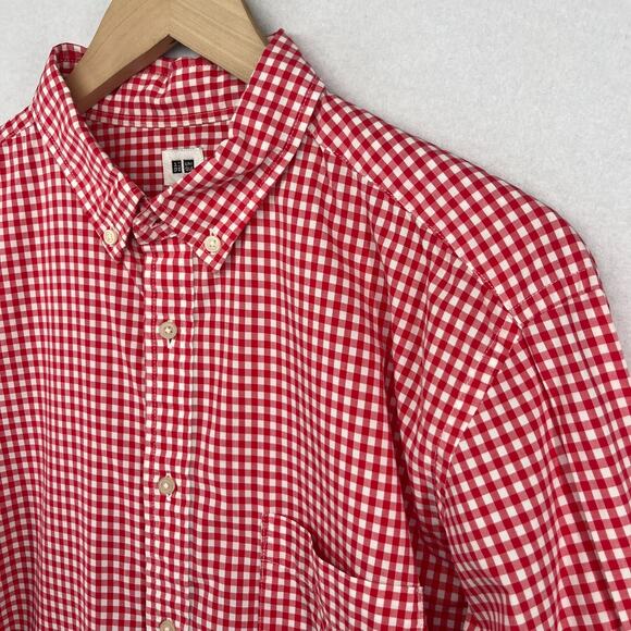 UNIQLO Shirt Mens L Gingham Check Button Up Long Sleeve Woven Cotton Red - Picture 7 of 15